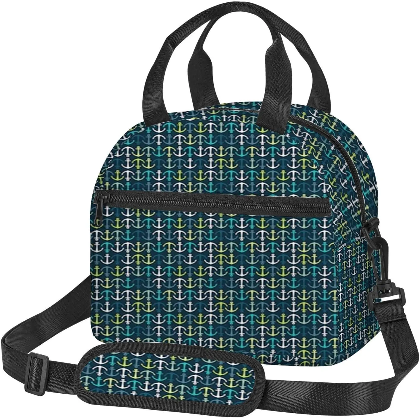Ocean Theme,Insulated Reusable Lunch Bag with Adjustable Shoulder Strap for Adults,Maritime Pattern,Leakproof Office Picnic Hiking Beach Tote Bag,Dark Blue Green White,9x5x7.8in