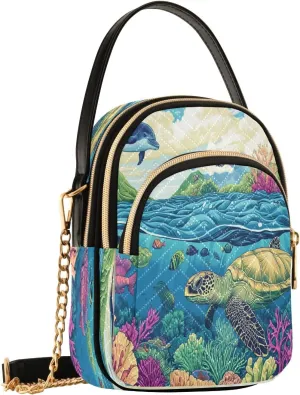 Ocean Turtle Coral Reef Crossbody Bags for Women Shouler Handbags Travel Sling Bag Fanny Pack Phone Mini Wallet Purse