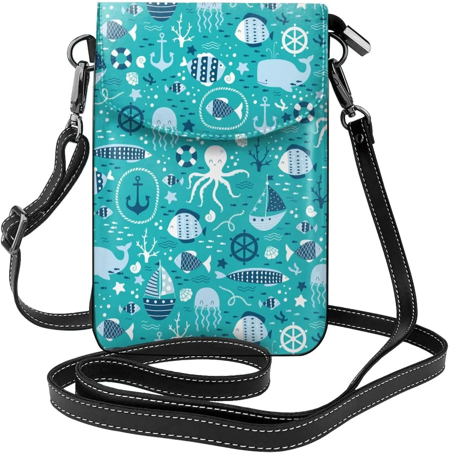 Octopus Shark Jellyfish Small Crossbody Bags for Women Travel Cell Phone Pouch PU Leather Cross Body Bag Adjustable Shoulder Strap Phone Purses Lightweight Wallet Purse with Credit Card Slots