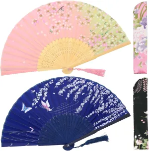 OMyTea Folding Hand Fans for Women - Chinese Japanese Vintage Bamboo Silk Fans - for Hot Flash, EDM, Music Festival, Party, Dance, Performance, Decoration, Gift (Blue & Pink Sakura)