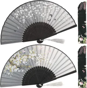 OMyTea Folding Hand Fans for Women - Chinese Japanese Vintage Bamboo Silk Fans - for Hot Flash, EDM, Music Festival, Party, Dance, Performance, Decoration, Wedding, Gift (Gray Sakura *2)