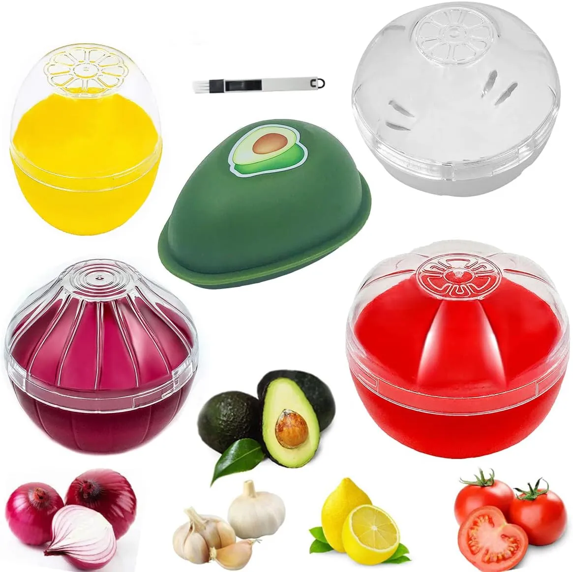 Onion Garlic Lemon Avocado Saver Storage Keeper Holder for Fridge, BPA Free Tomato Vegetable Shaped Food Saver/Storage Containers, 5-piece Set Bundle