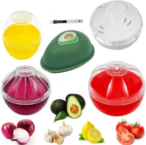 Onion Garlic Lemon Avocado Saver Storage Keeper Holder for Fridge, BPA Free Tomato Vegetable Shaped Food Saver/Storage Containers, 5-piece Set Bundle
