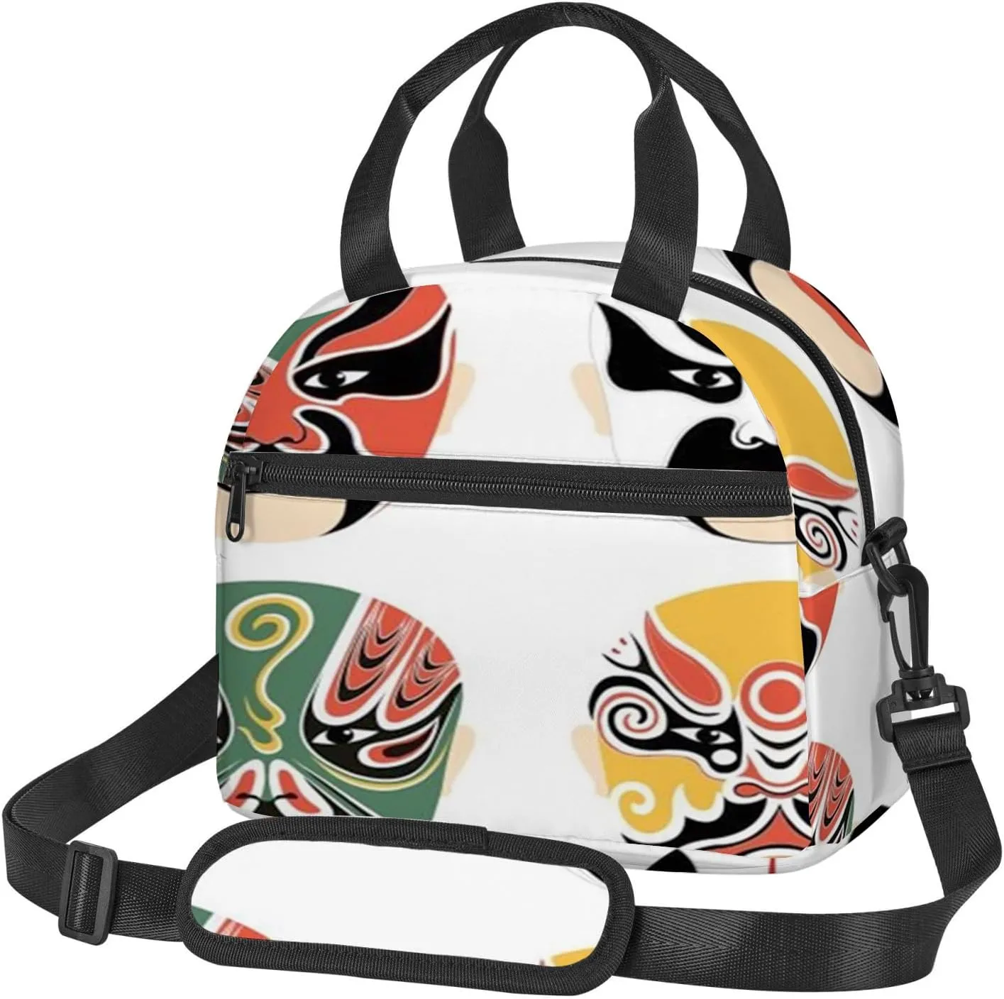 Opera Mask Pattern,Insulated Lunch Bag for Women/Men,Traditional Chinese Cultural Opera Mask,Reusable Leakproof Cooler Tote Bag Organizer with Adjustable Shoulder Strap for Adult,Multicolor