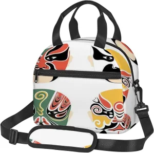 Opera Mask Pattern,Insulated Lunch Bag for Women/Men,Traditional Chinese Cultural Opera Mask,Reusable Leakproof Cooler Tote Bag Organizer with Adjustable Shoulder Strap for Adult,Multicolor