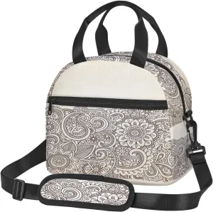 Oriental Flower Print,Insulated Reusable Lunch Bag with Adjustable Shoulder Strap for Adults,Mandala and Paisley Victorian Revival,Leakproof Office Picnic Hiking Beach Tote Bag,Brown,9x5x7.8in