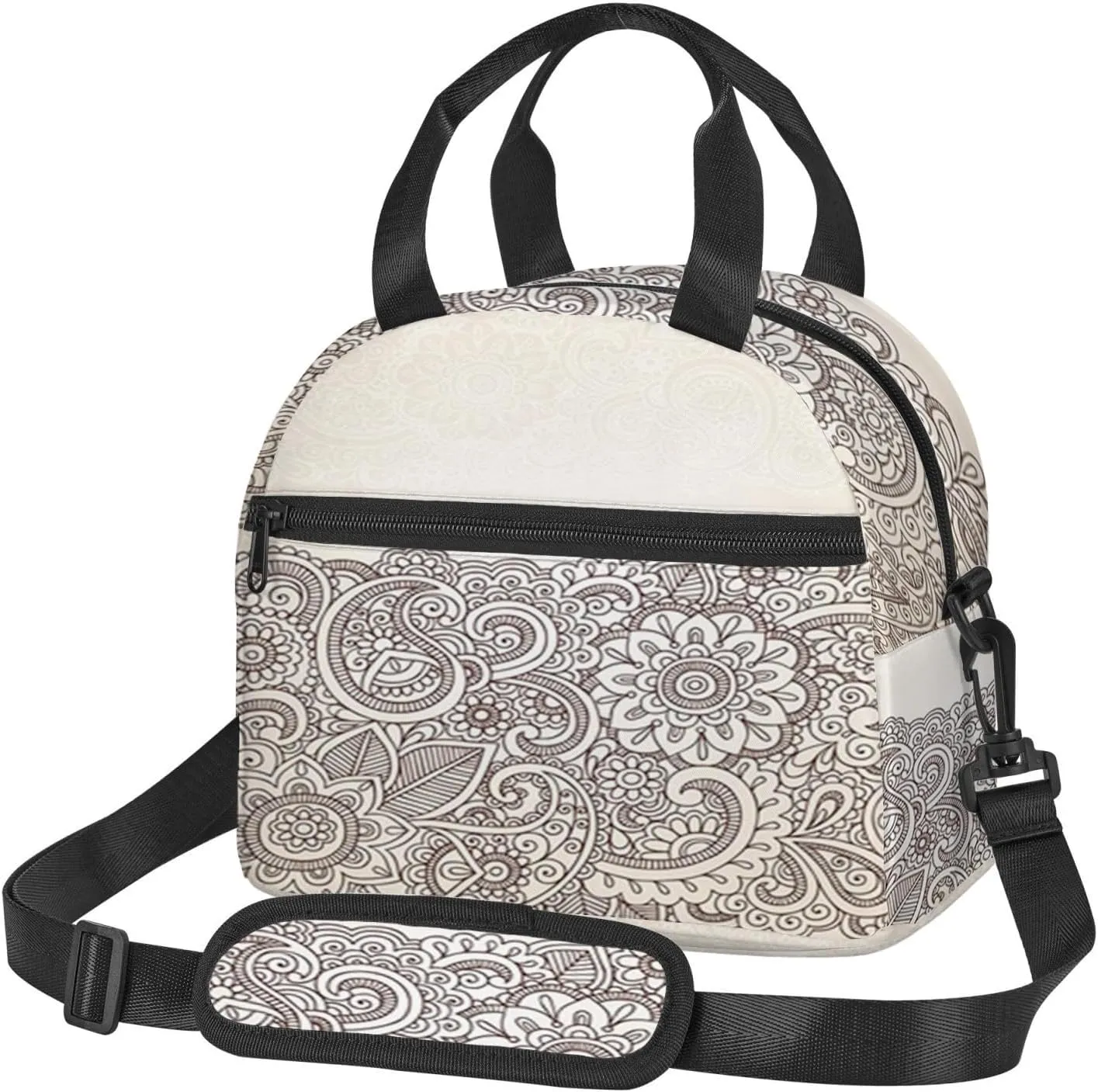Oriental Flower Print,Insulated Reusable Lunch Bag with Adjustable Shoulder Strap for Adults,Mandala and Paisley Victorian Revival,Leakproof Office Picnic Hiking Beach Tote Bag,Brown,9x5x7.8in