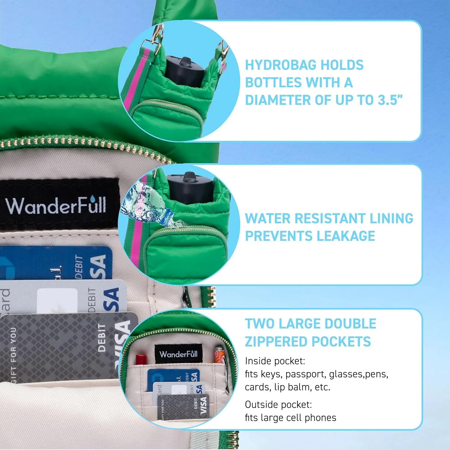 Original HydroBag | Quilted Water Bottle Holder with Strap | Tote Bottle Carrier Crossbody Bag with Pockets
