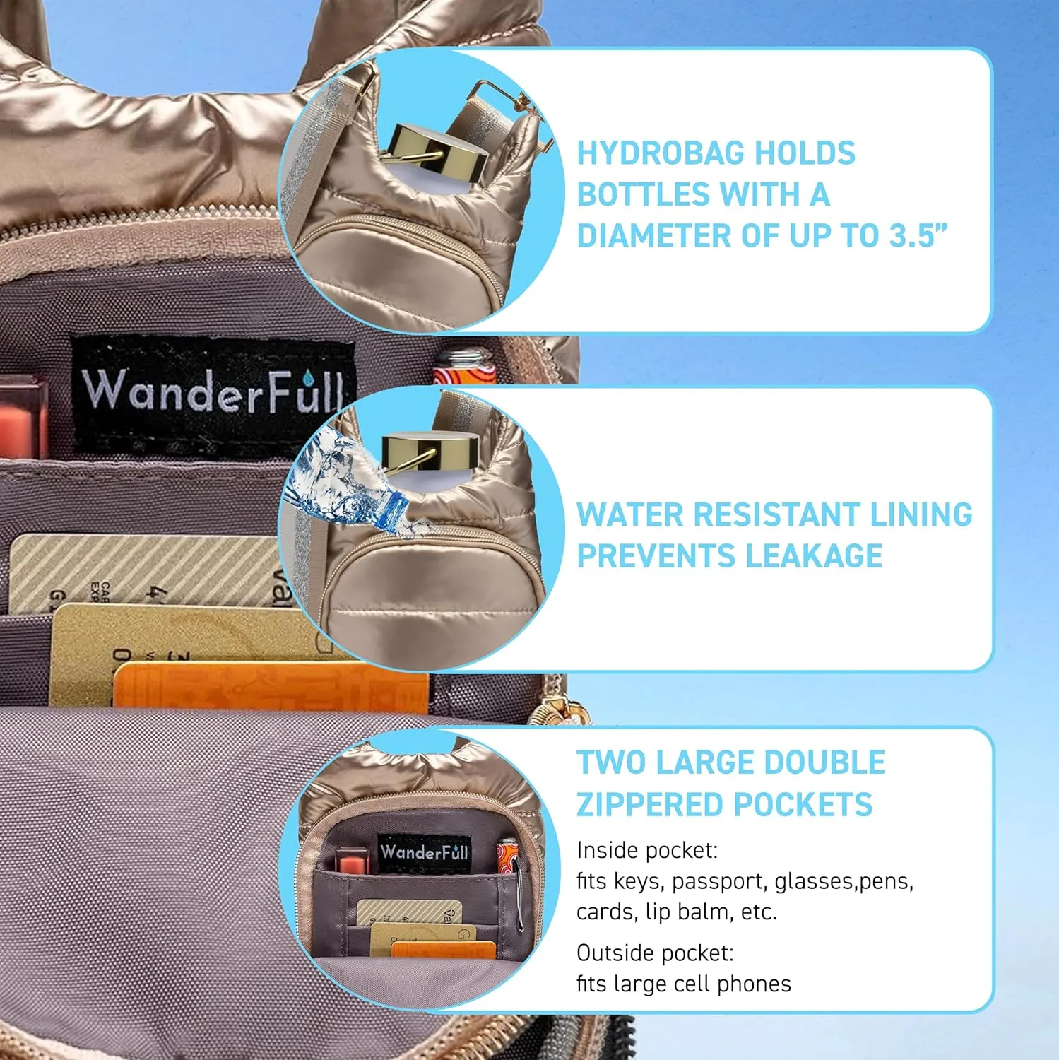 Original HydroBag | Quilted Water Bottle Holder with Strap | Tote Bottle Carrier Crossbody Bag with Pockets