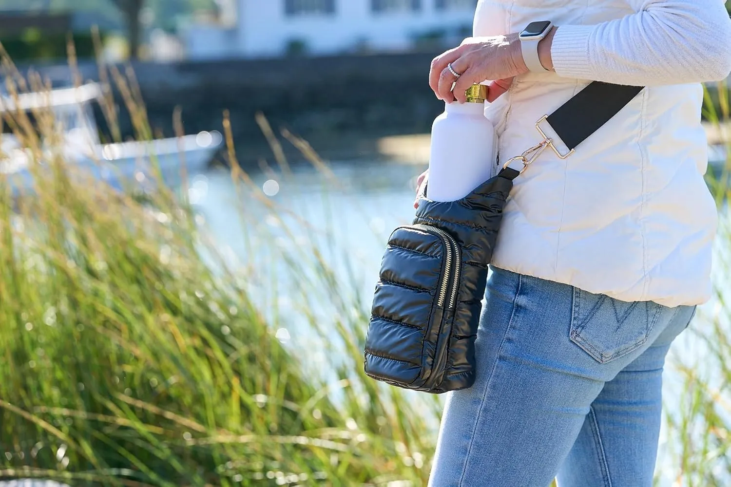 Original HydroBag | Quilted Water Bottle Holder with Strap | Tote Bottle Carrier Crossbody Bag with Pockets