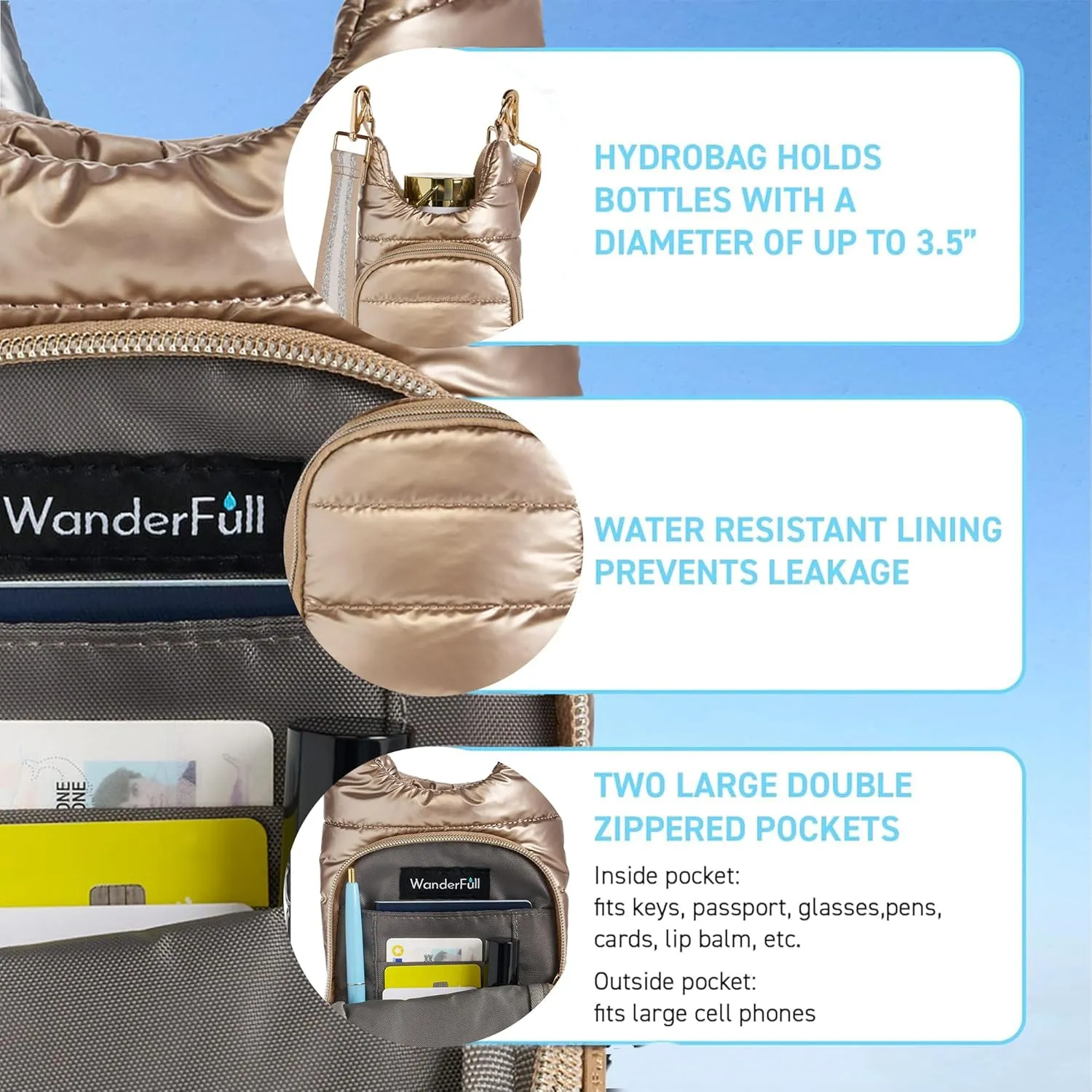 Original HydroBag | Quilted Water Bottle Holder with Strap | Tote Bottle Carrier Crossbody Bag with Pockets