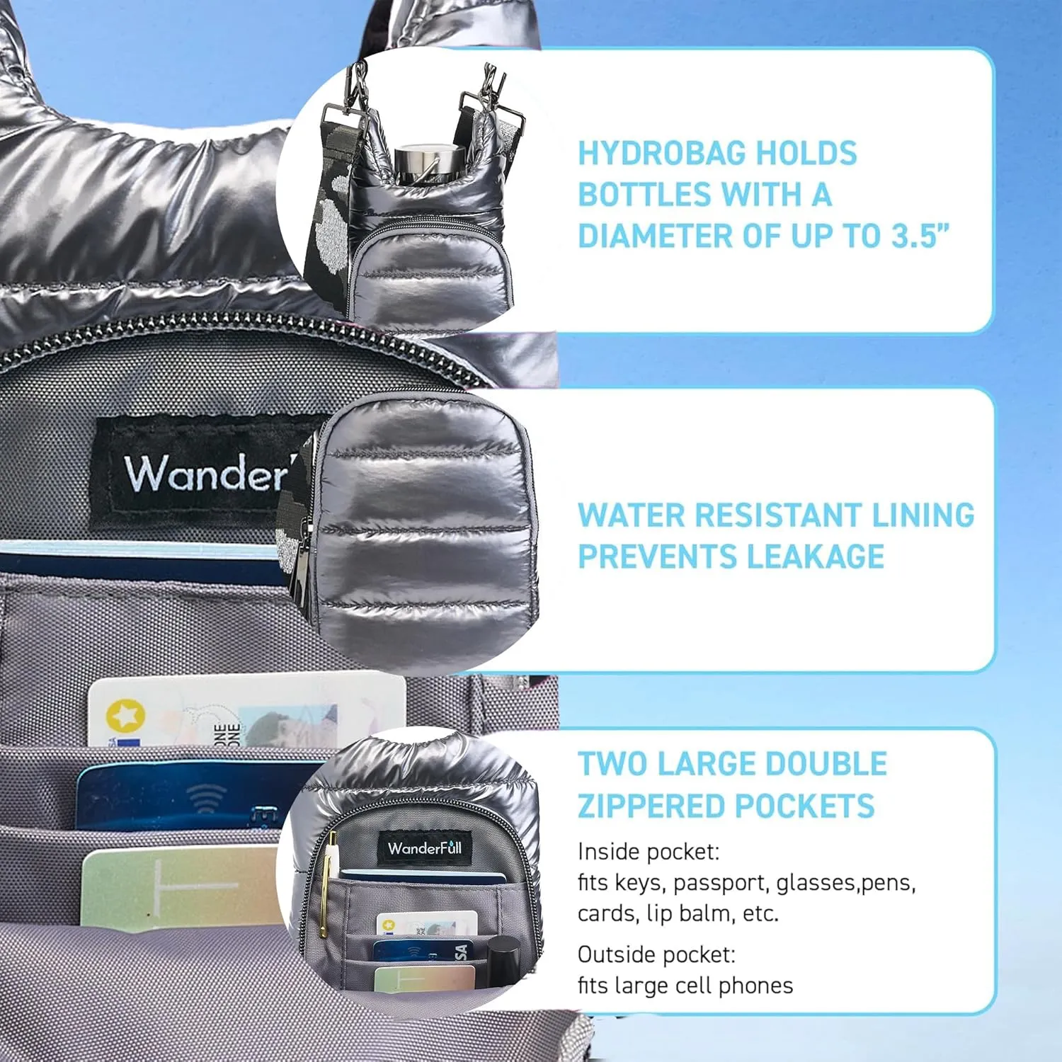 Original HydroBag | Quilted Water Bottle Holder with Strap | Tote Bottle Carrier Crossbody Bag with Pockets