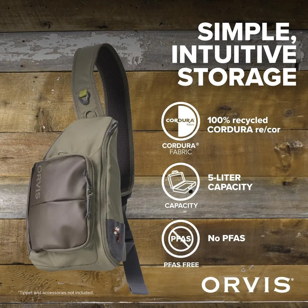 Orvis Mini Sling Pack (26B2) Shoulder Strap Tackle Backpack - Fly Fishing Tool Bag of 100% Recycled ECO CORDURA Fabric With TPU Coating, 5-Liter Capacity and Internal Features, Dusty Olive - One Size