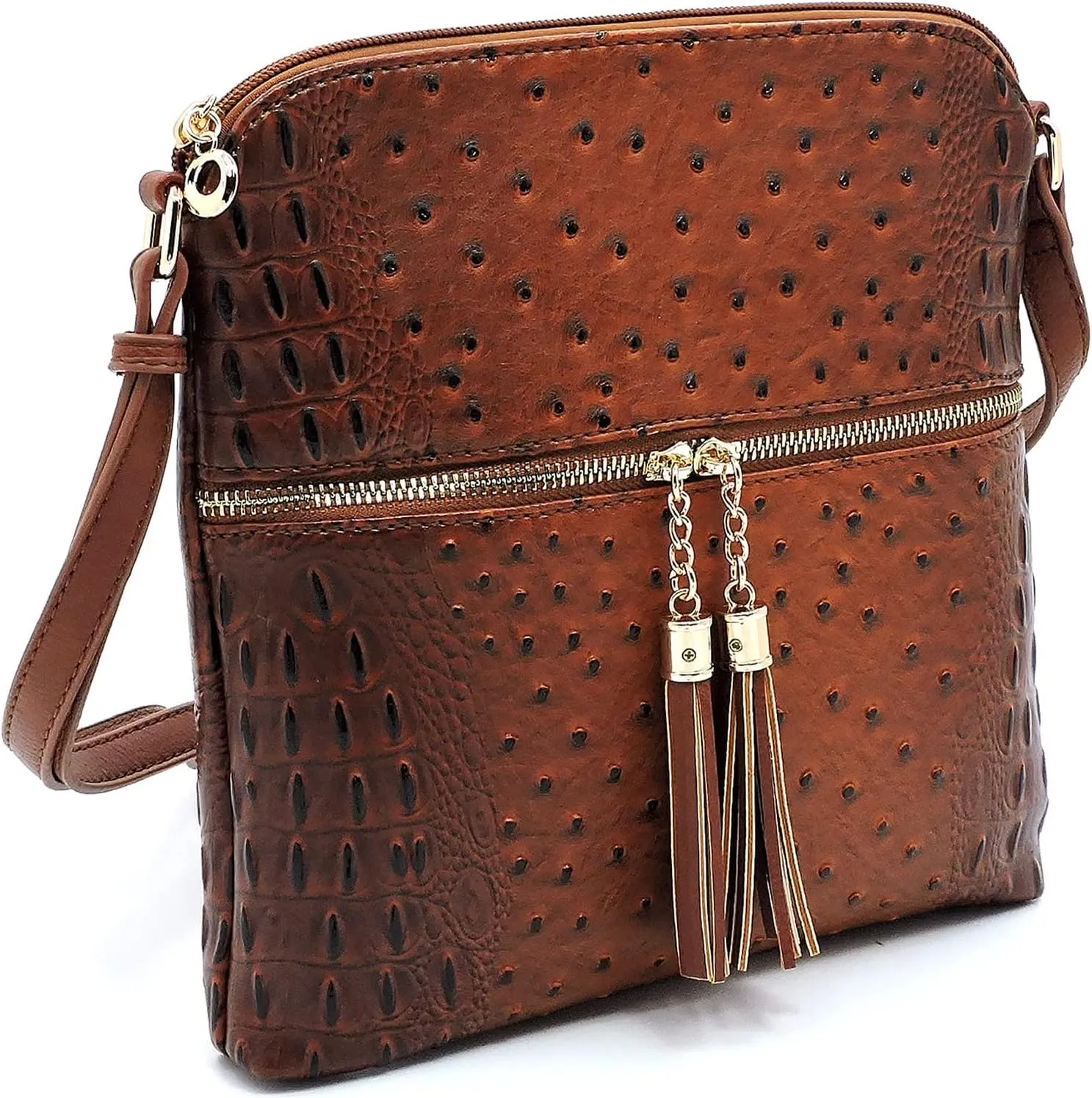 Ostrich Croc Tassel Zipper Pocket Crossbody Bag Animal Pattern Printed Shoulder Bag Womens Purse Satchel