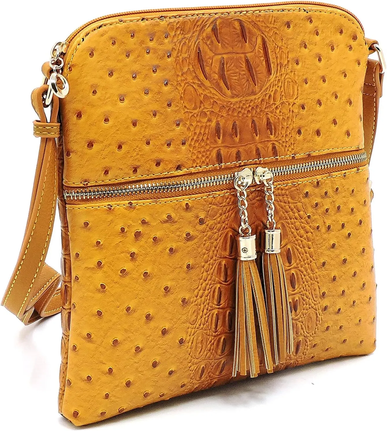 Ostrich Croc Tassel Zipper Pocket Crossbody Bag Animal Pattern Printed Shoulder Bag Womens Purse Satchel