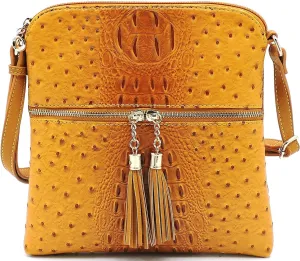 Ostrich Croc Tassel Zipper Pocket Crossbody Bag Animal Pattern Printed Shoulder Bag Womens Purse Satchel