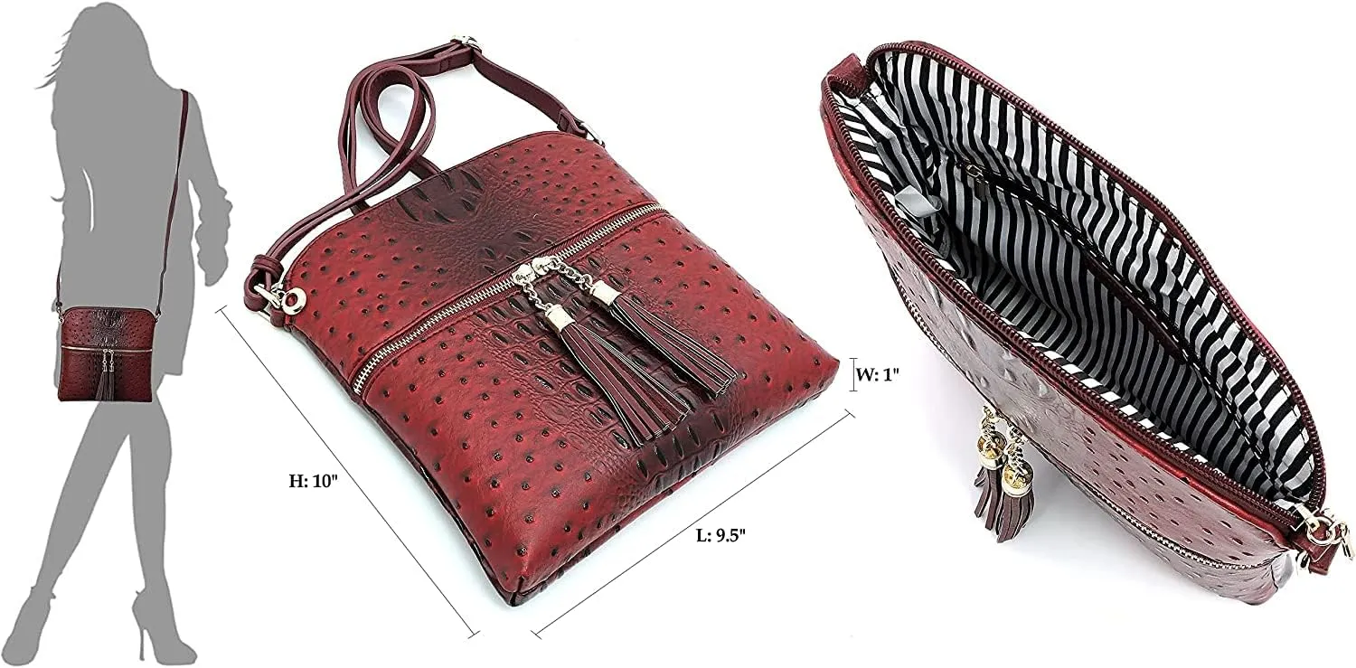 Ostrich Croc Tassel Zipper Pocket Crossbody Bag Animal Pattern Printed Shoulder Bag Womens Purse Satchel