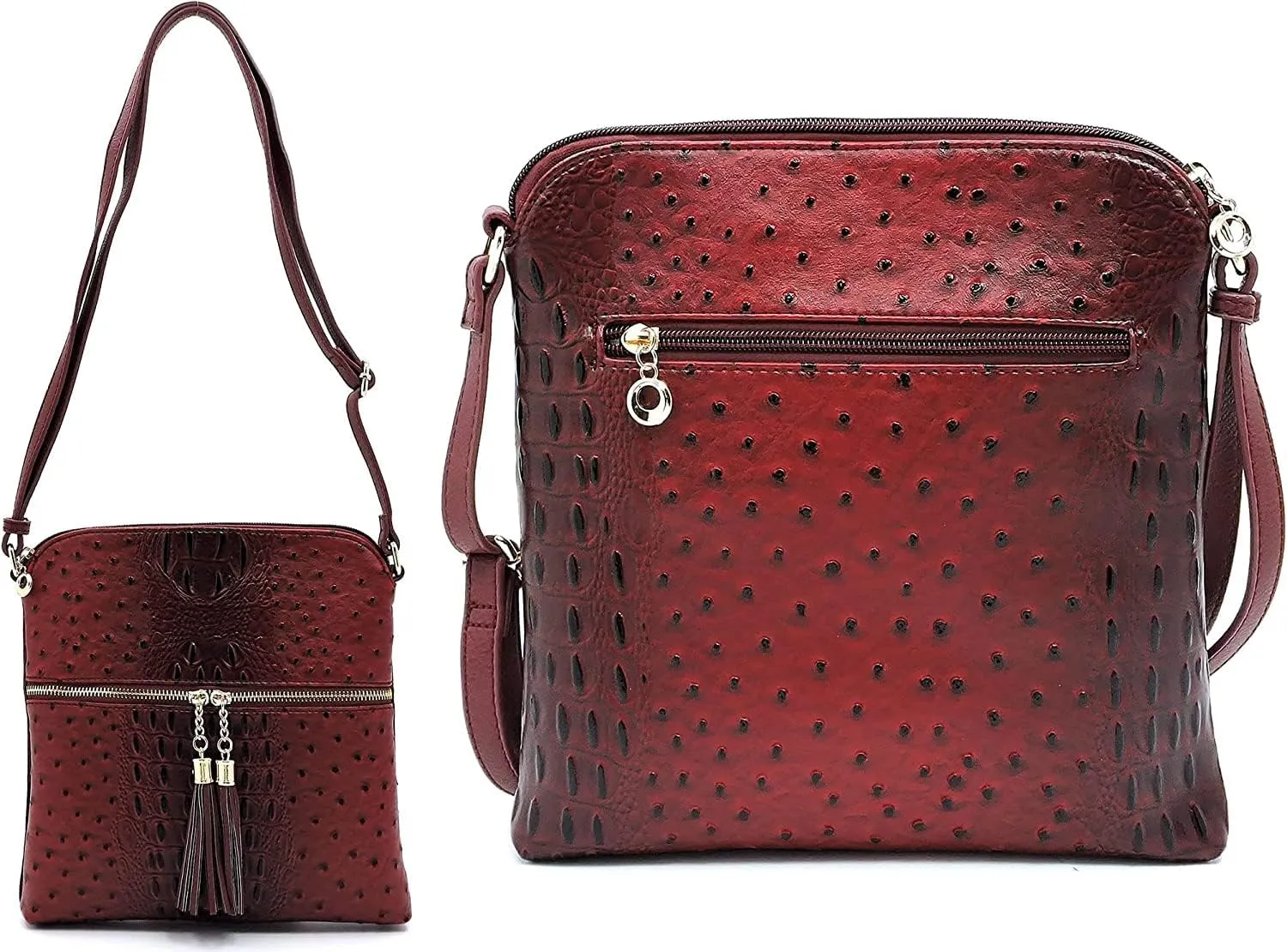 Ostrich Croc Tassel Zipper Pocket Crossbody Bag Animal Pattern Printed Shoulder Bag Womens Purse Satchel