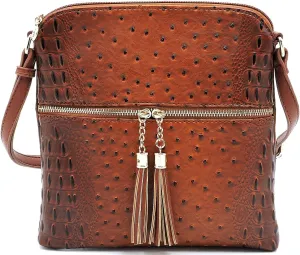 Ostrich Croc Tassel Zipper Pocket Crossbody Bag Animal Pattern Printed Shoulder Bag Womens Purse Satchel