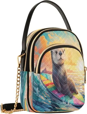 Otter Ocean Sunset Gold Crossbody Bags for Women Fanny Pack Travel Hiking Chest Bag Mini Phone Walley Purse