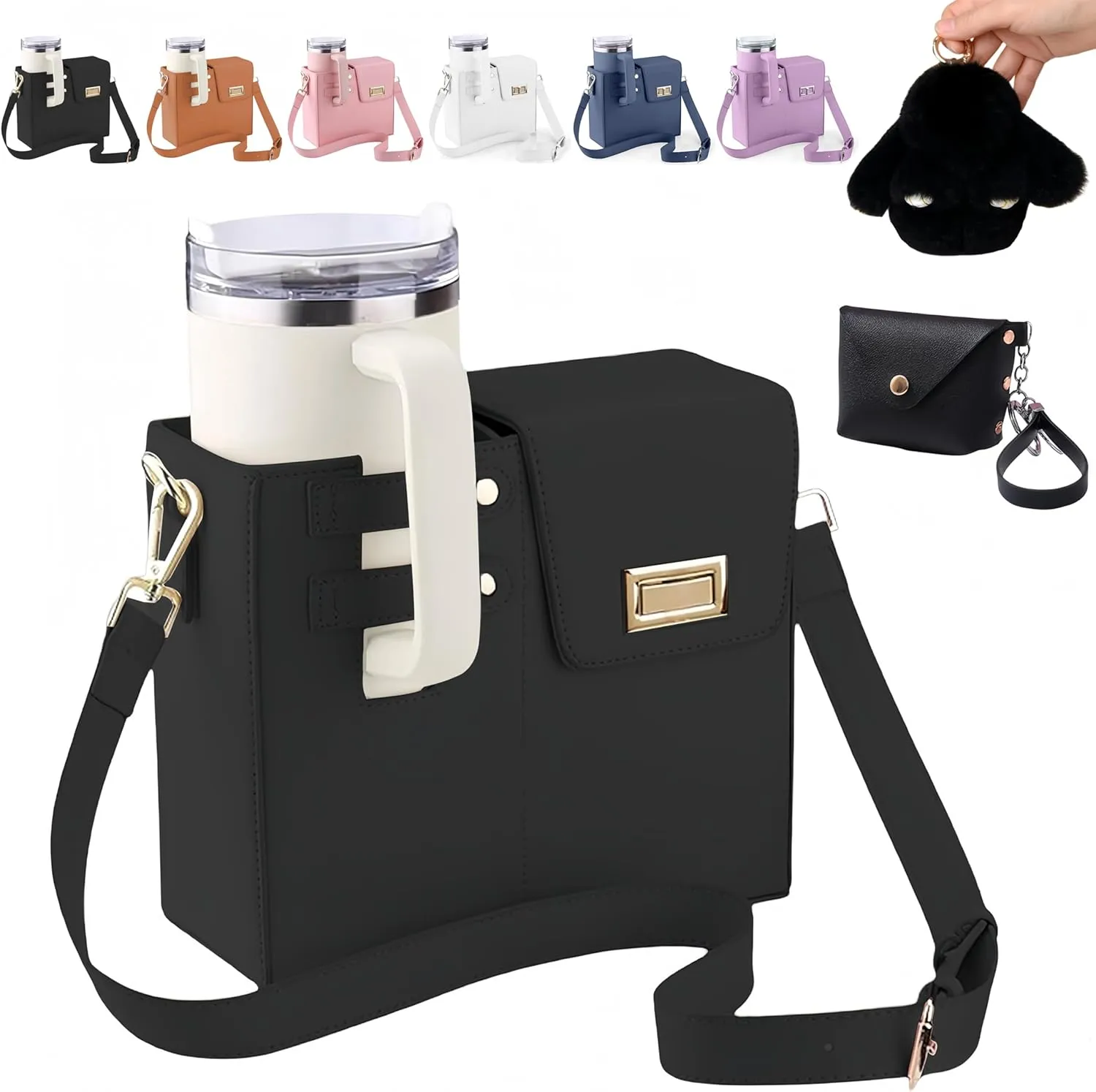 Outdoor Portable Crossbody Water Cup Storage Bag Compatible with Stanley & Most Water Bottles | Includes Coin Purse & Plush Bunny Keychain | Adjustable Crossbody Holder for Travel & Daily