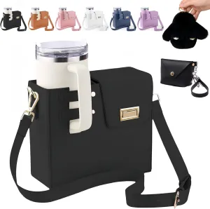 Outdoor Portable Crossbody Water Cup Storage Bag Compatible with Stanley & Most Water Bottles | Includes Coin Purse & Plush Bunny Keychain | Adjustable Crossbody Holder for Travel & Daily
