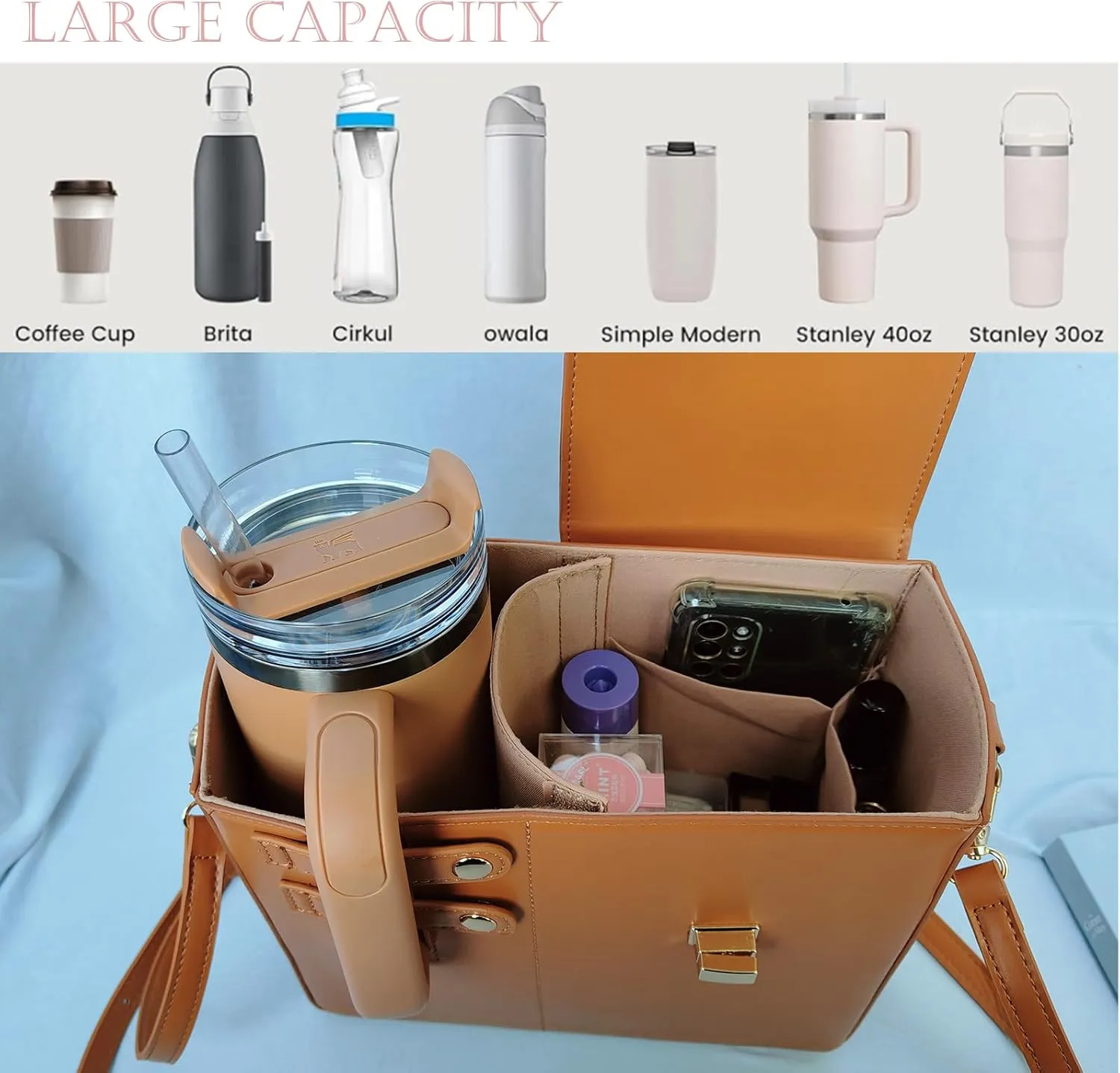 Outdoor Portable Crossbody Water Cup Storage Bag, Leather Water Bottle Holder with Adjustable Shoulder Strap, Black Water Bottle Carrier Bag with Storage Pocket for Women