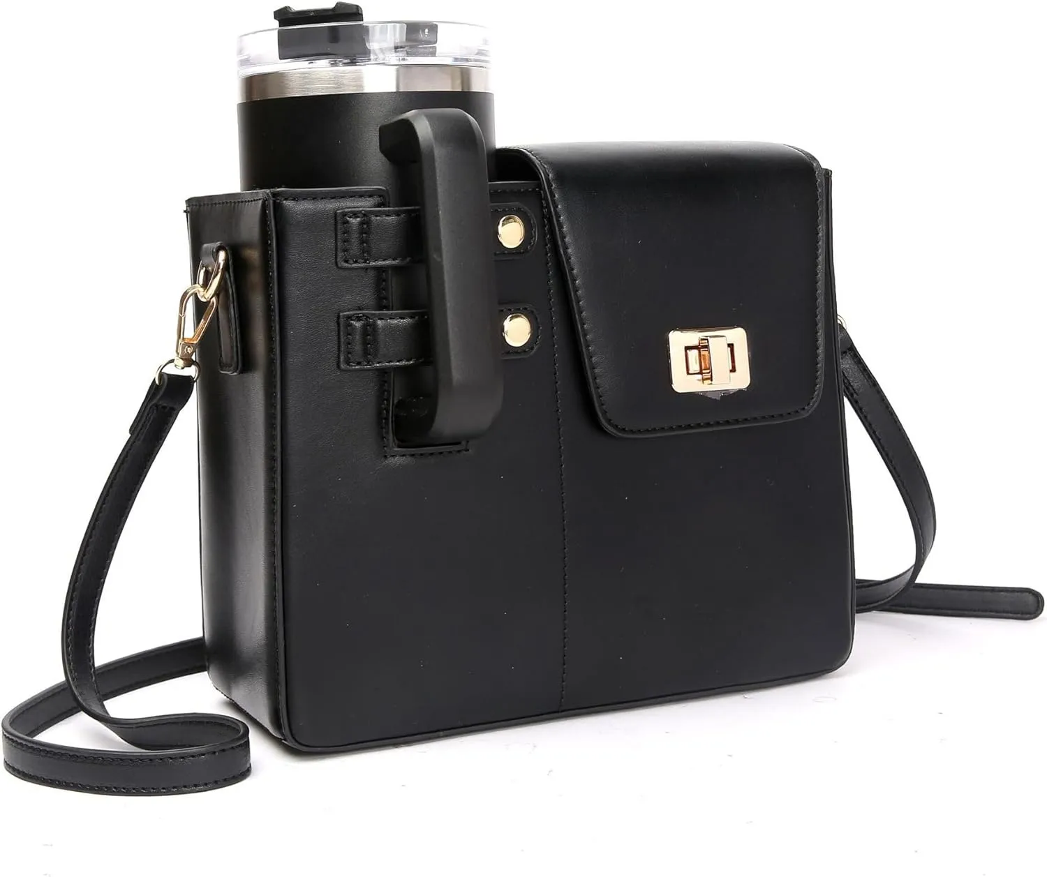 Outdoor Portable Crossbody Water Cup Storage Bag, Leather Water Bottle Holder with Adjustable Shoulder Strap, Black Water Bottle Carrier Bag with Storage Pocket for Women