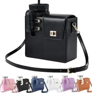 Outdoor Portable Crossbody Water Cup Storage Bag, Leather Water Bottle Holder with Adjustable Shoulder Strap, Black Water Bottle Carrier Bag with Storage Pocket for Women
