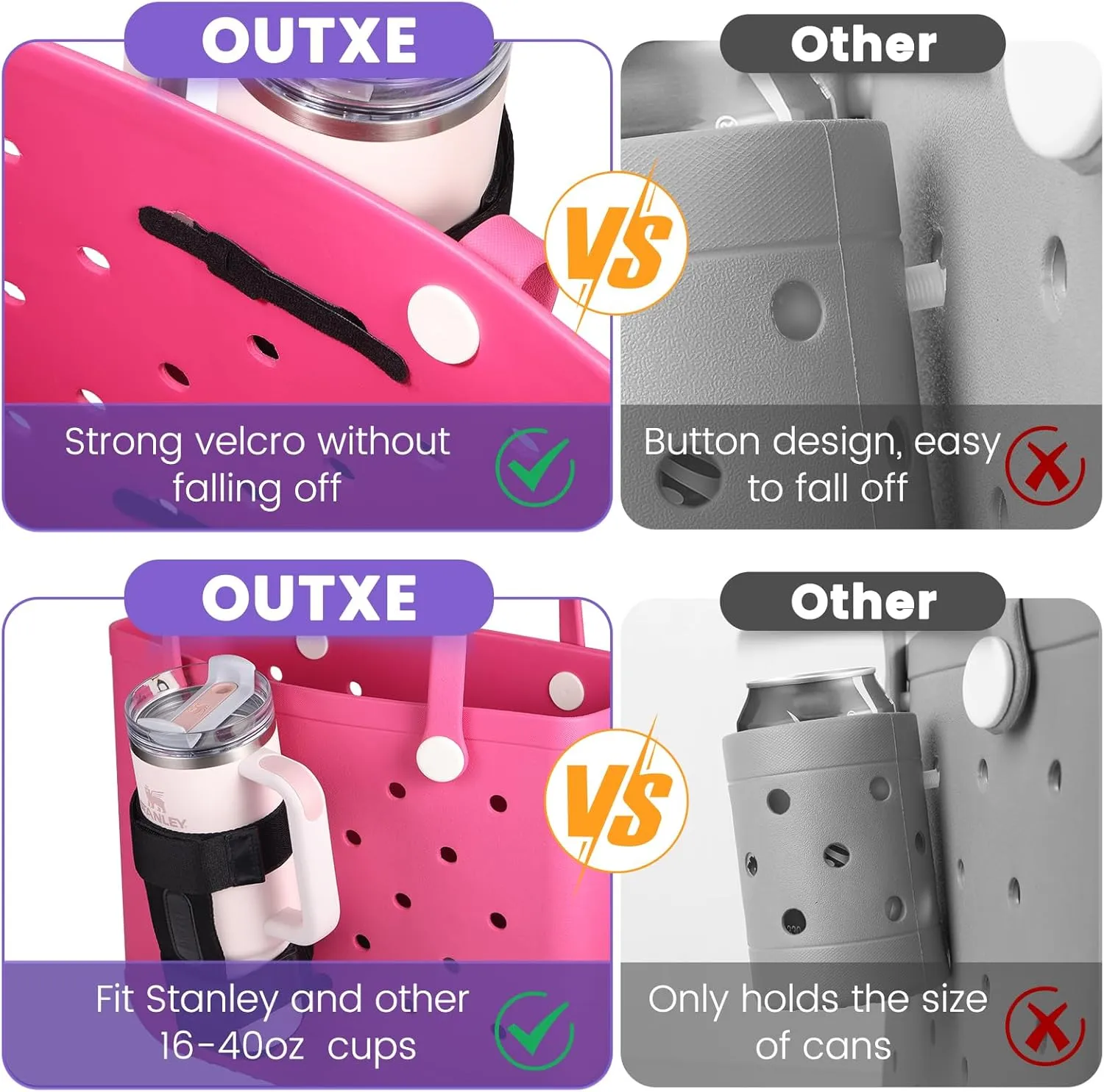 OUTXE 2 Pack Bogg Bag Cup Holder for Stanley, Large Drink Holder Compatible with All Bogg Bag, Adjustable Cup Holder Attachment, 40 oz Water Bottle Accessories for Simply Southern Bogg Bag