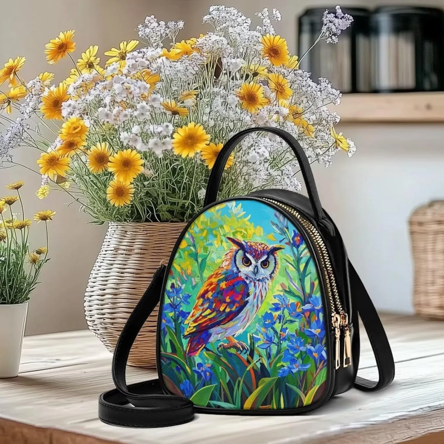 Owls Shoulder Bag Purse for Women PU Leather Crossbody Cell Phone Holder, Small Sling Bag Travel Handbag Zipper