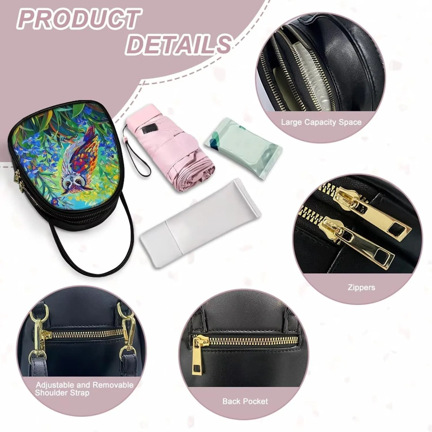 Owls Shoulder Bag Purse for Women PU Leather Crossbody Cell Phone Holder, Small Sling Bag Travel Handbag Zipper