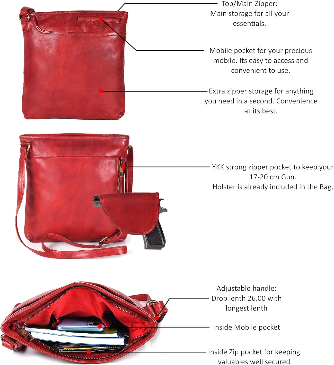 Ozora Multi Pockets Handmade Leather Crossbody Handbags & Sling Bag for Men & Women with Detachable Holster