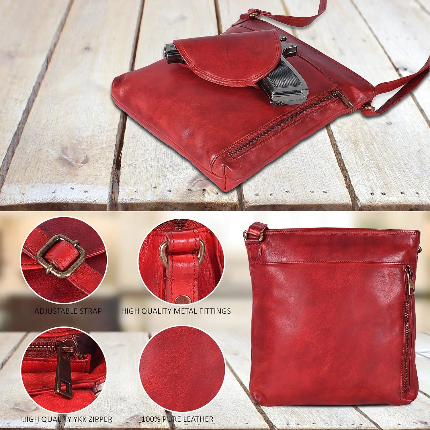 Ozora Multi Pockets Handmade Leather Crossbody Handbags & Sling Bag for Men & Women with Detachable Holster