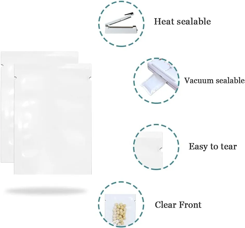 PABCK 300 Pack 3.5x5.1 inch (Usable Size 3.1x4.7 inch) White Clear Front Open Top 2.8mil Plastic Vacuum Pouch Heat Sealable Bags for Food Storage Packets Mini Sample with Tear Notches
