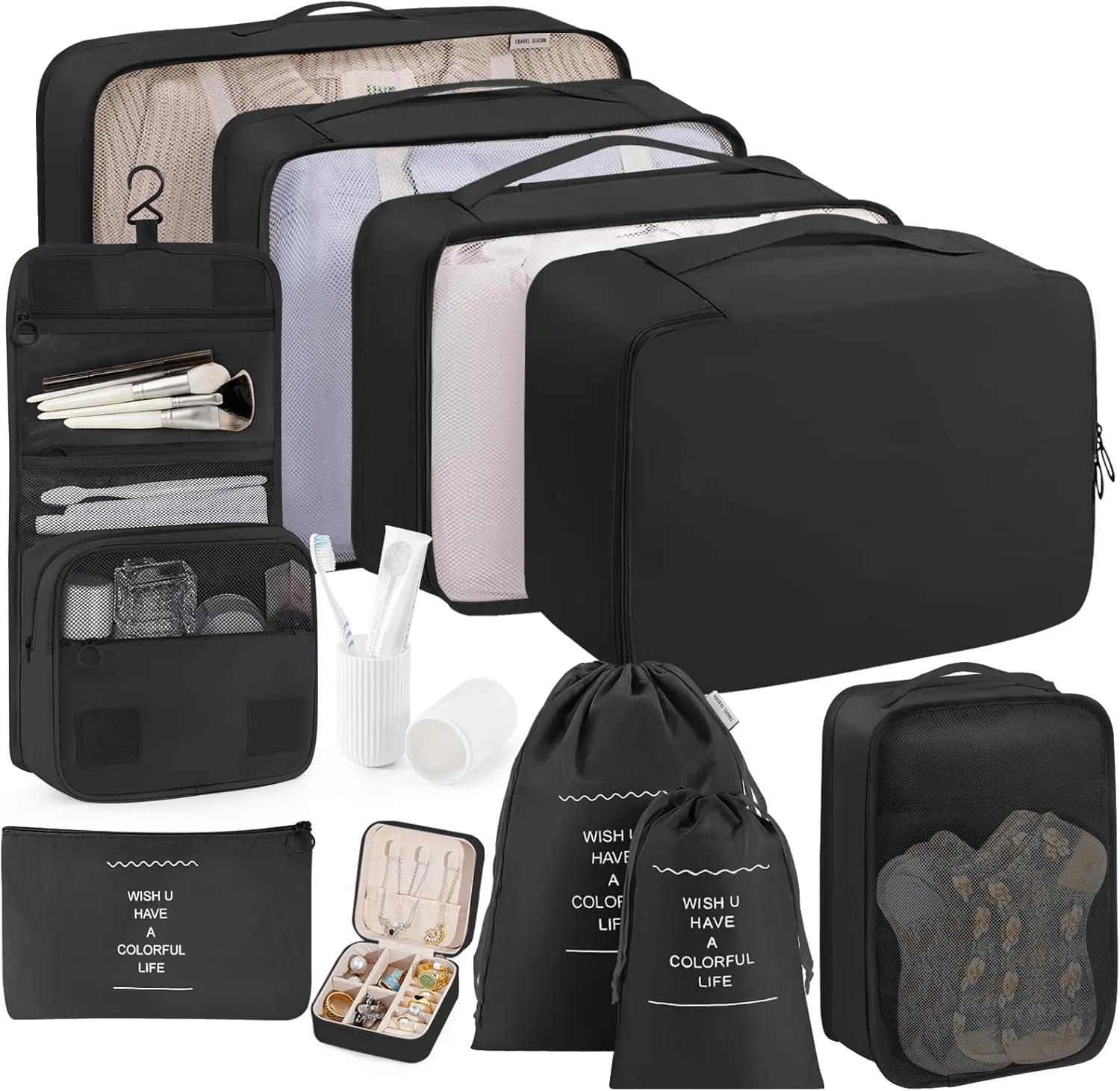 Packing Cubes 11 Set, Suitcase Organizers, Luggage Organizer Bags for Travel, Packing Cubes for Travel, with Toiletry Bag, Travel Essentials,Black