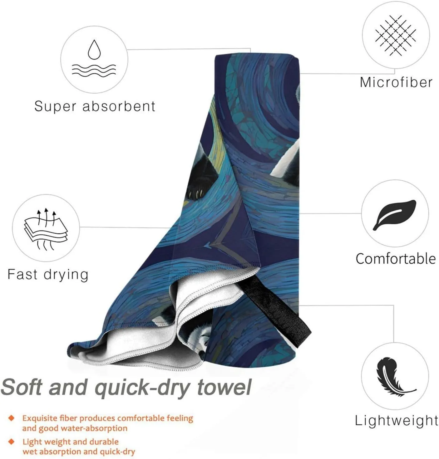 Panda Print Premium Compact Microfiber Travel Towel-Featherlight & Quick Dry,Sand-Resistant Beach Towel for Swimming,Camping,Vacation Essentials with Carry Pouch