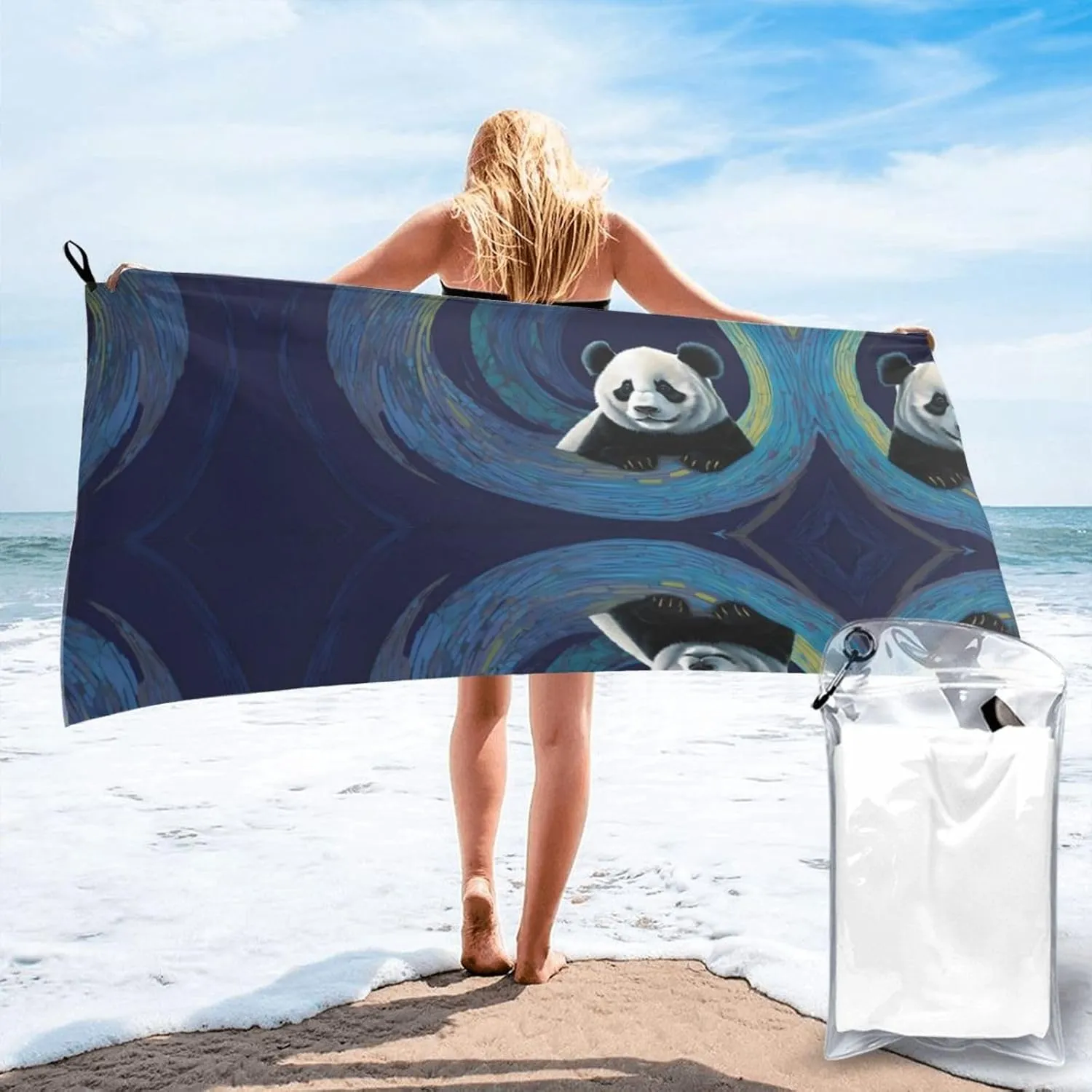Panda Print Premium Compact Microfiber Travel Towel-Featherlight & Quick Dry,Sand-Resistant Beach Towel for Swimming,Camping,Vacation Essentials with Carry Pouch