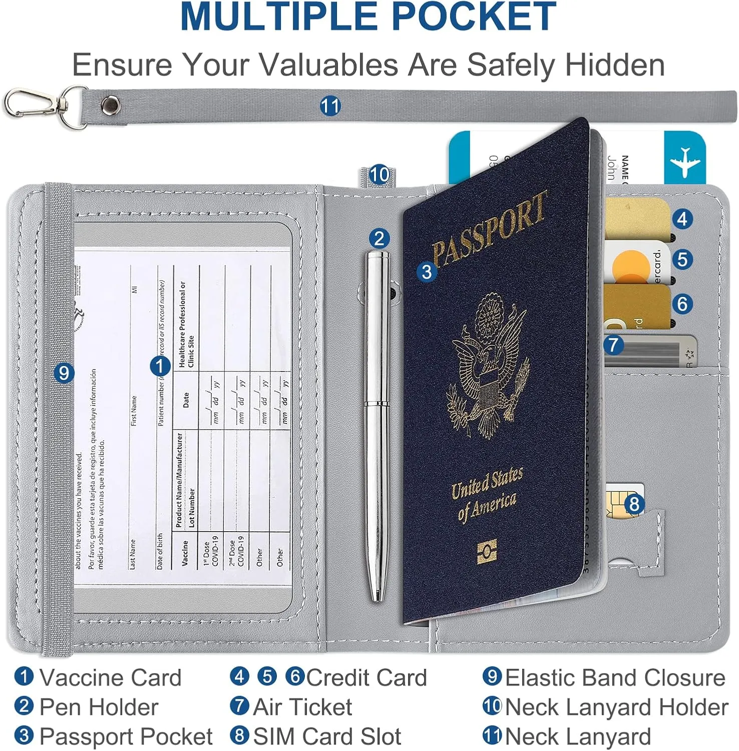 Passport Holder with Neck Lanyard, Passport Case Passport Cover for Men and Women, RFID Blocking Passport Wallet, Gray