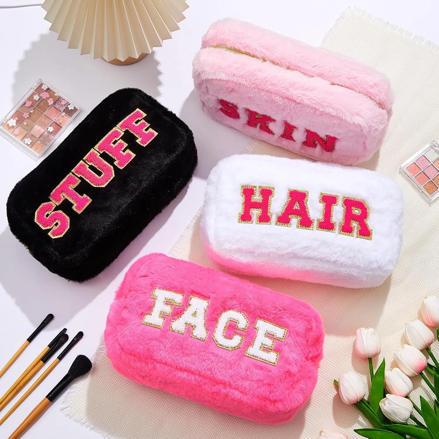 Paterr 4 Pieces Chenille Letter Preppy Patches Makeup Bag Plush Fuzzy Cosmetic Hair Face Skin Toiletry Travel Bag Pouch with Zipper Preppy Stuff for Girls Women(Pastel Color)