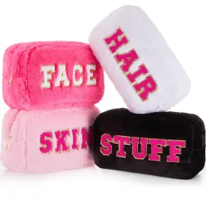 Paterr 4 Pieces Chenille Letter Preppy Patches Makeup Bag Plush Fuzzy Cosmetic Hair Face Skin Toiletry Travel Bag Pouch with Zipper Preppy Stuff for Girls Women(Pastel Color)