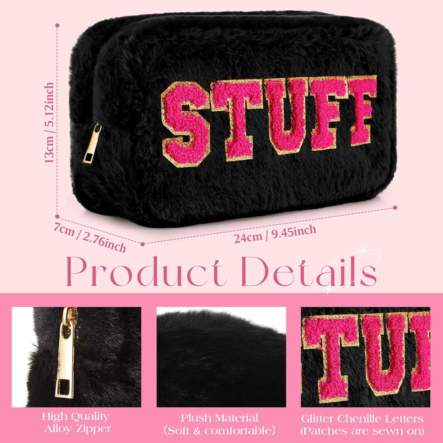 Paterr 4 Pieces Chenille Letter Preppy Patches Makeup Bag Plush Fuzzy Cosmetic Hair Face Skin Toiletry Travel Bag Pouch with Zipper Preppy Stuff for Girls Women(Pastel Color)