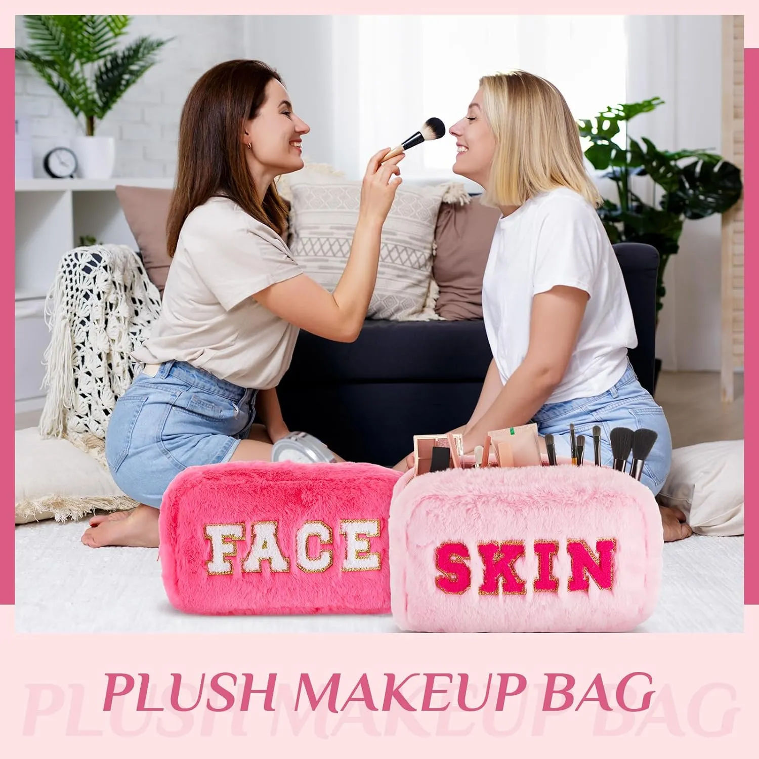 Paterr 4 Pieces Chenille Letter Preppy Patches Makeup Bag Plush Fuzzy Cosmetic Hair Face Skin Toiletry Travel Bag Pouch with Zipper Preppy Stuff for Girls Women(Pastel Color)