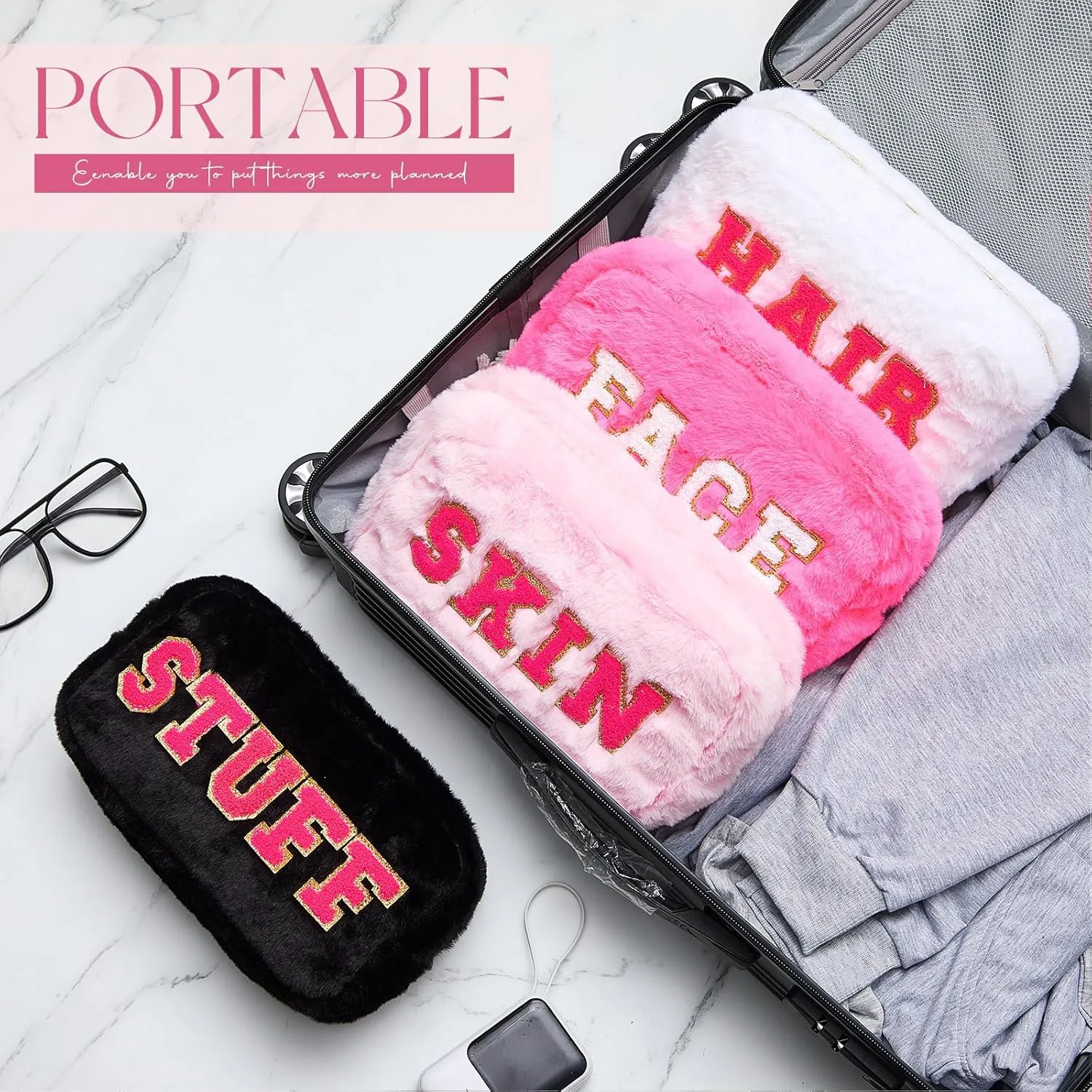 Paterr 4 Pieces Chenille Letter Preppy Patches Makeup Bag Plush Fuzzy Cosmetic Hair Face Skin Toiletry Travel Bag Pouch with Zipper Preppy Stuff for Girls Women(Pastel Color)