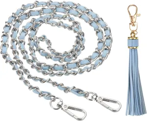 PATIKIL Purse Chain Strap, 47 Inch Leather Chain Straps Purse Strap Replacement Flat Chain Strap with Tassel for Crossbody Bag Handbag Woman, Light Blue/Silver