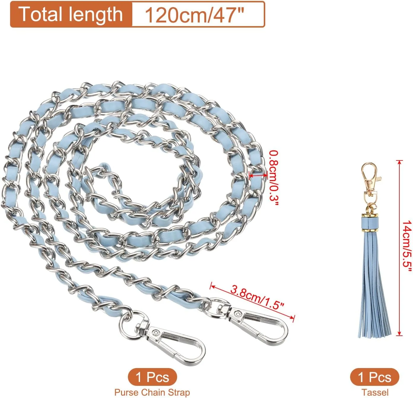 PATIKIL Purse Chain Strap, 47 Inch Leather Chain Straps Purse Strap Replacement Flat Chain Strap with Tassel for Crossbody Bag Handbag Woman, Light Blue/Silver