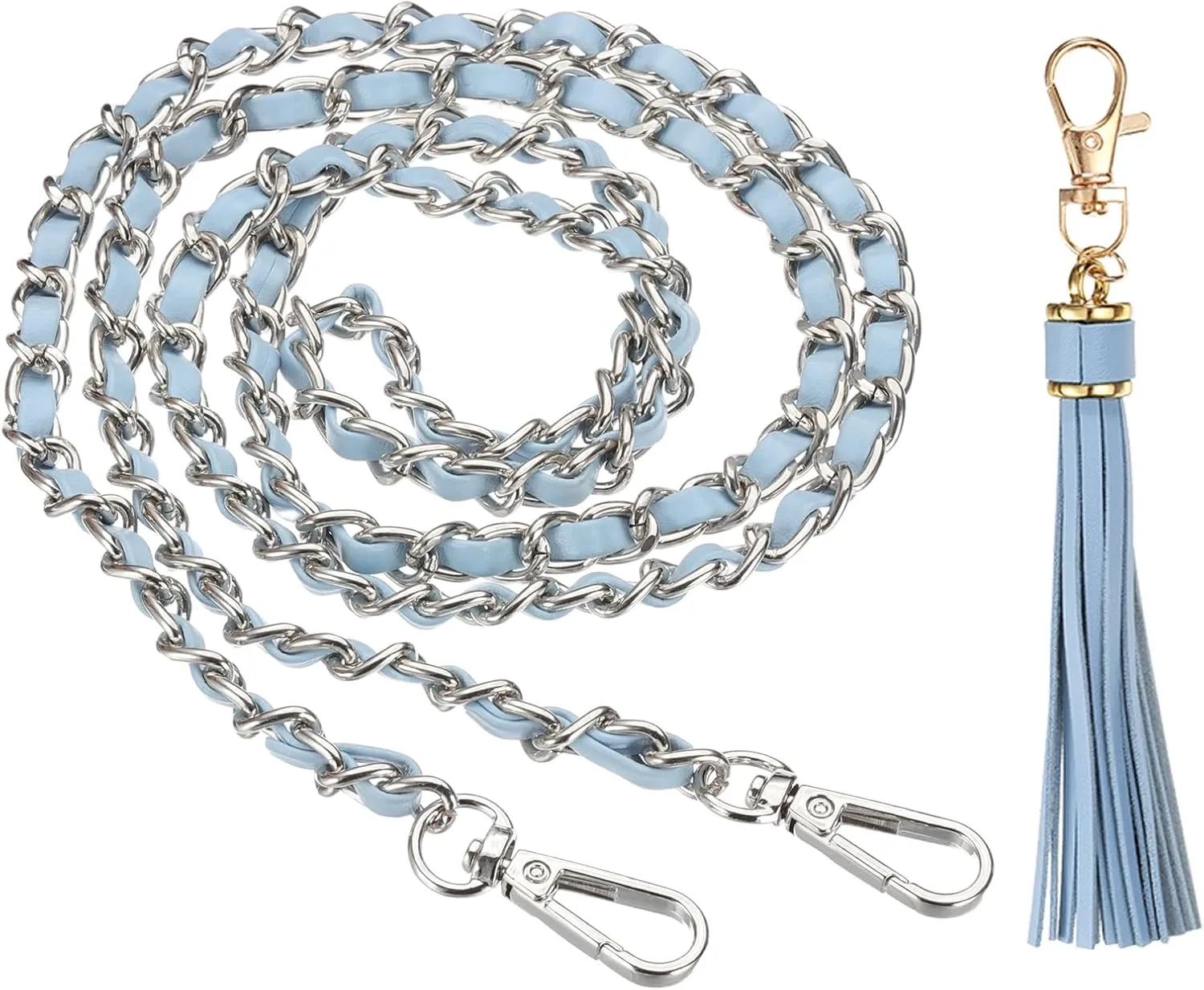 PATIKIL Purse Chain Strap, 47 Inch Leather Chain Straps Purse Strap Replacement Flat Chain Strap with Tassel for Crossbody Bag Handbag Woman, Light Blue/Silver