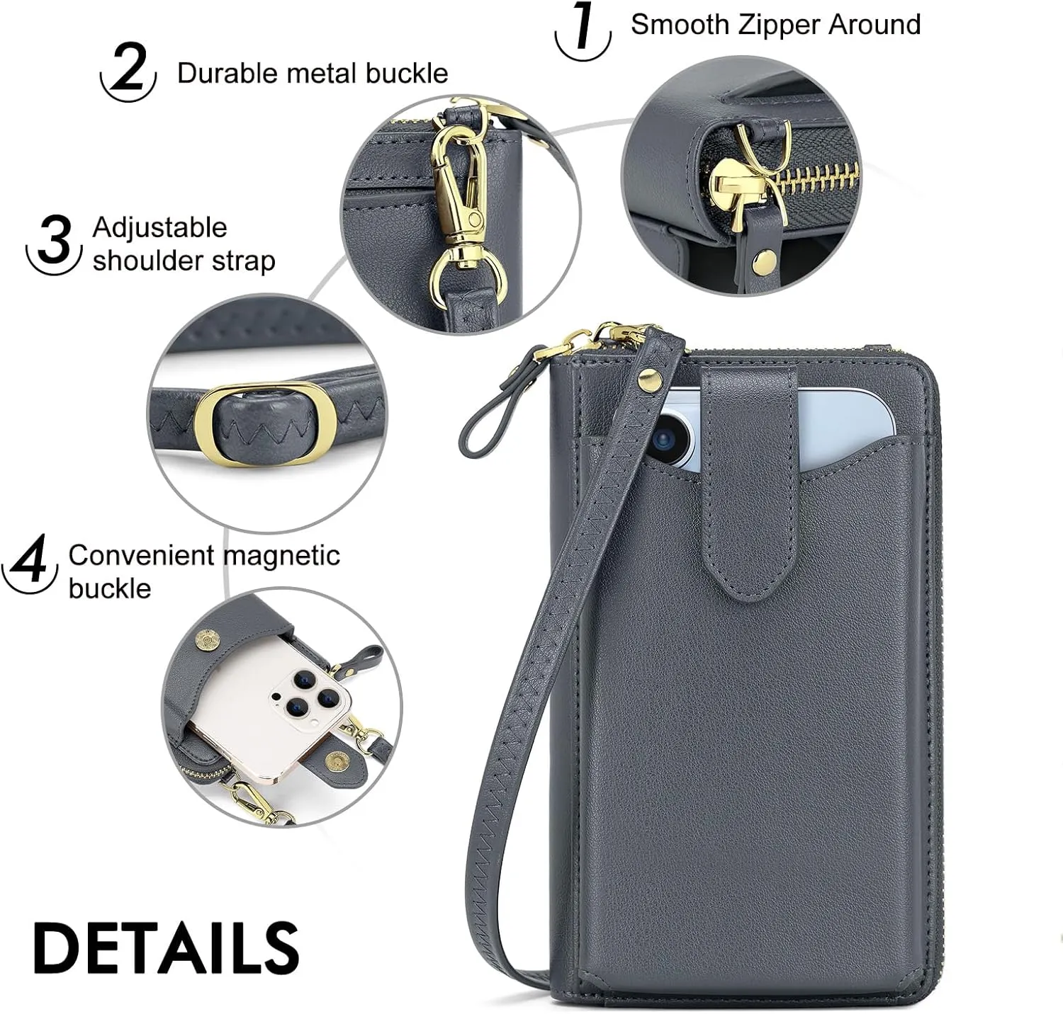 Peacocktion Black Small Crossbody Bags for Women, RFID Leather Cell Phone Purses Wallet, Trendy Crossbody Purses with Zipper