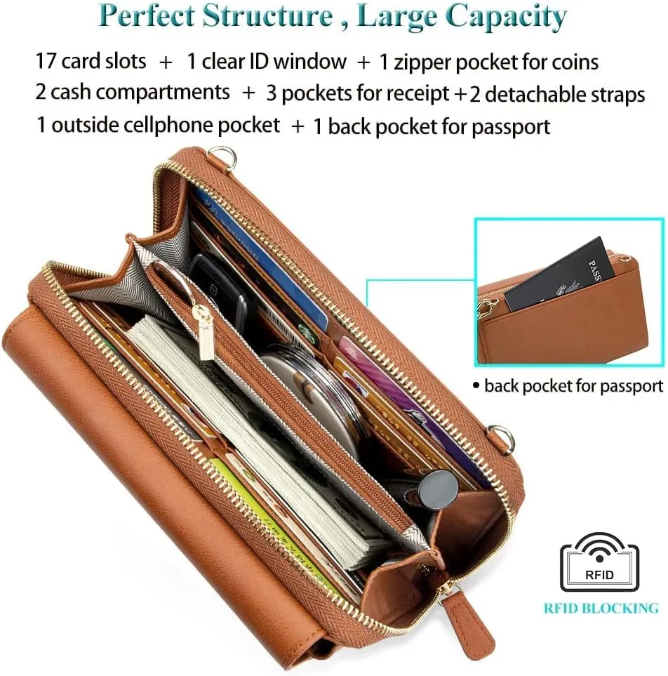Peacocktion Women Wallet Purse Card Holder with RFID, Large Capacity Crossbody Wristlet Clutch 2 Straps
