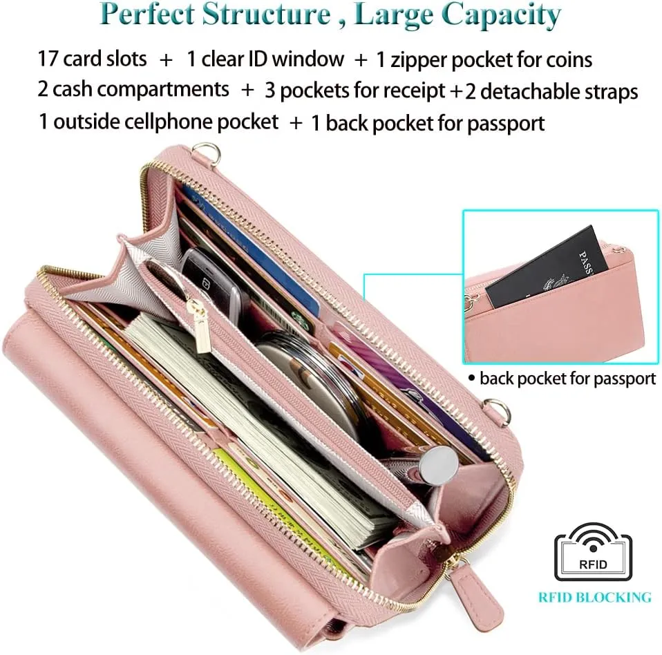 Peacocktion Women Wallet Purse Card Holder with RFID, Large Capacity Crossbody Wristlet Clutch 2 Straps